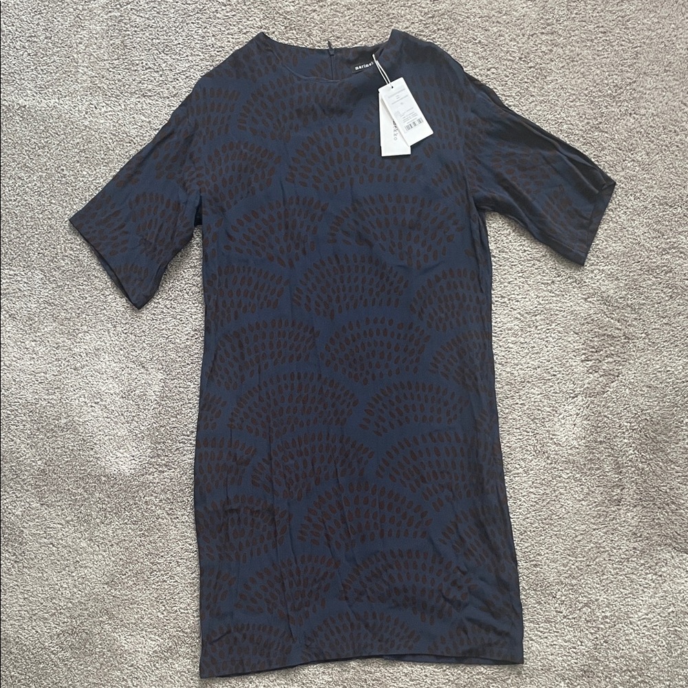 Marimekko 36 Blue and Brown Pattern Dress Mekko Ester Kyyhkynen Crepe Viscose
